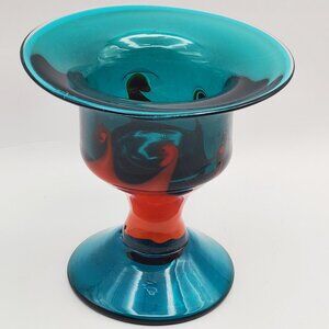 Signed Hand Blown Art Glass Vase Compote Votive Holder Teal Burnt Orange 5.5" H